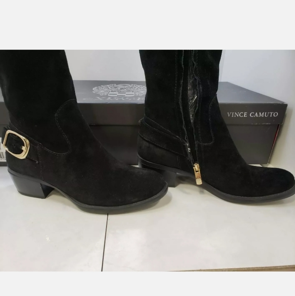 Vince Camuto equestrian Black suede knee high Riding Boots Shoes gold buckle - Picture 2 of 7